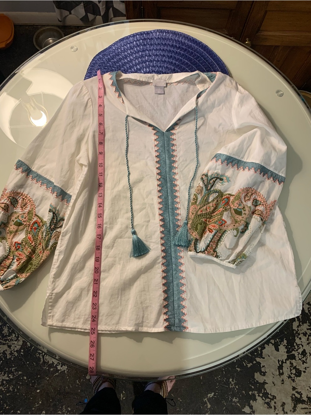 Chicos Boho Embroidered Peasant Top with Teal & pink Accents.